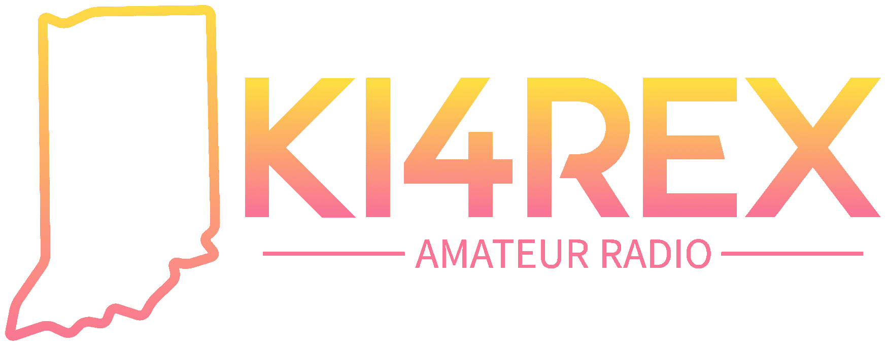 KI4REX Amateur Radio Indiana logo featuring a stylized call sign with broadcast antenna symbol on a deep navy background with sunset gradient accents, representing the radio station operating from Ripley County